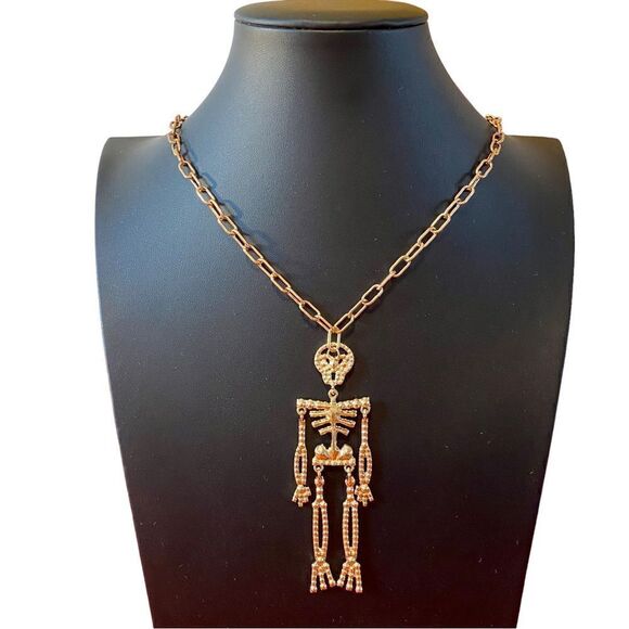 Piper K Rhinestone & Pave Crystal Skelton Pendant on extra long gold toned chain - Picture 5 of 7